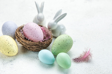 Easter background. Easter eggs in nest with decor., a Holiday Photo by Olena Rudo