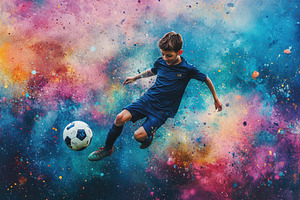 Boy Kicking Soccer Ball Cosmic Backg, a Photo by Pixeness Studio