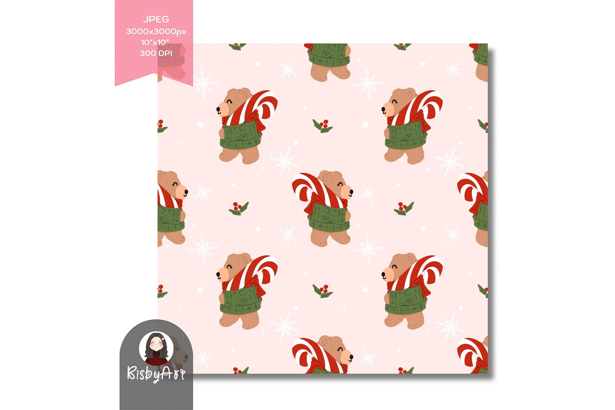 Christmas Bear Candy Cane Seamless, a Pattern Graphic by KisbyArt (Photo 3 of 3)