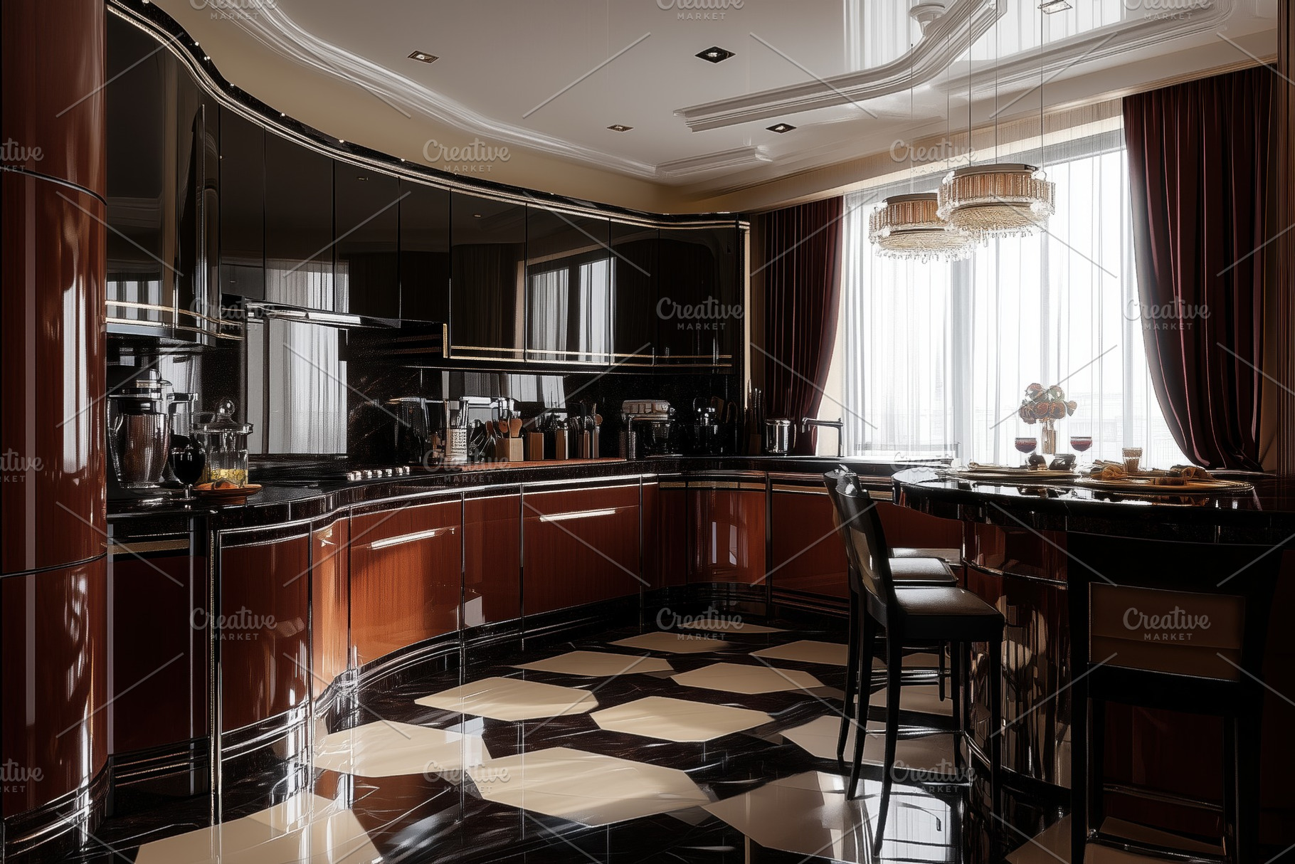 A modern Art Deco interior design style kitchen featuring sleek black and  brown, an Industrial Photo, image size:1820x1214