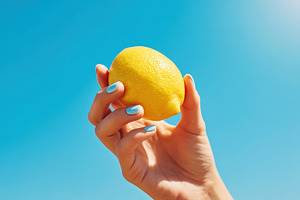 Hand holding lemon against blue sky, a Food & Drink Photo by AlyaAnd