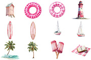 Watercolor Pink Beach Day Clipart, an Illustration by DreamCafeArt (Thumbnail 3 of 8)