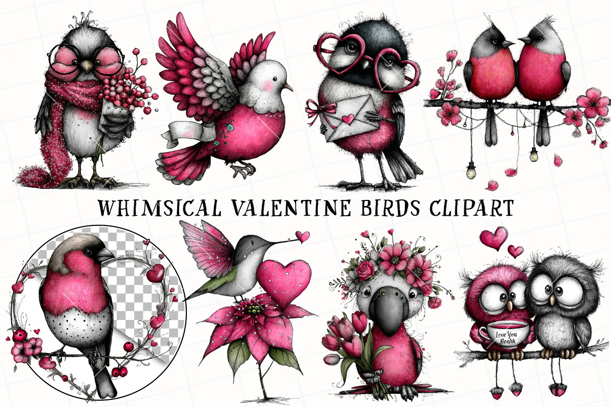 Whimsical Valentine Birds Clipart, an Illustration by OK Design (Photo 2 of 6)