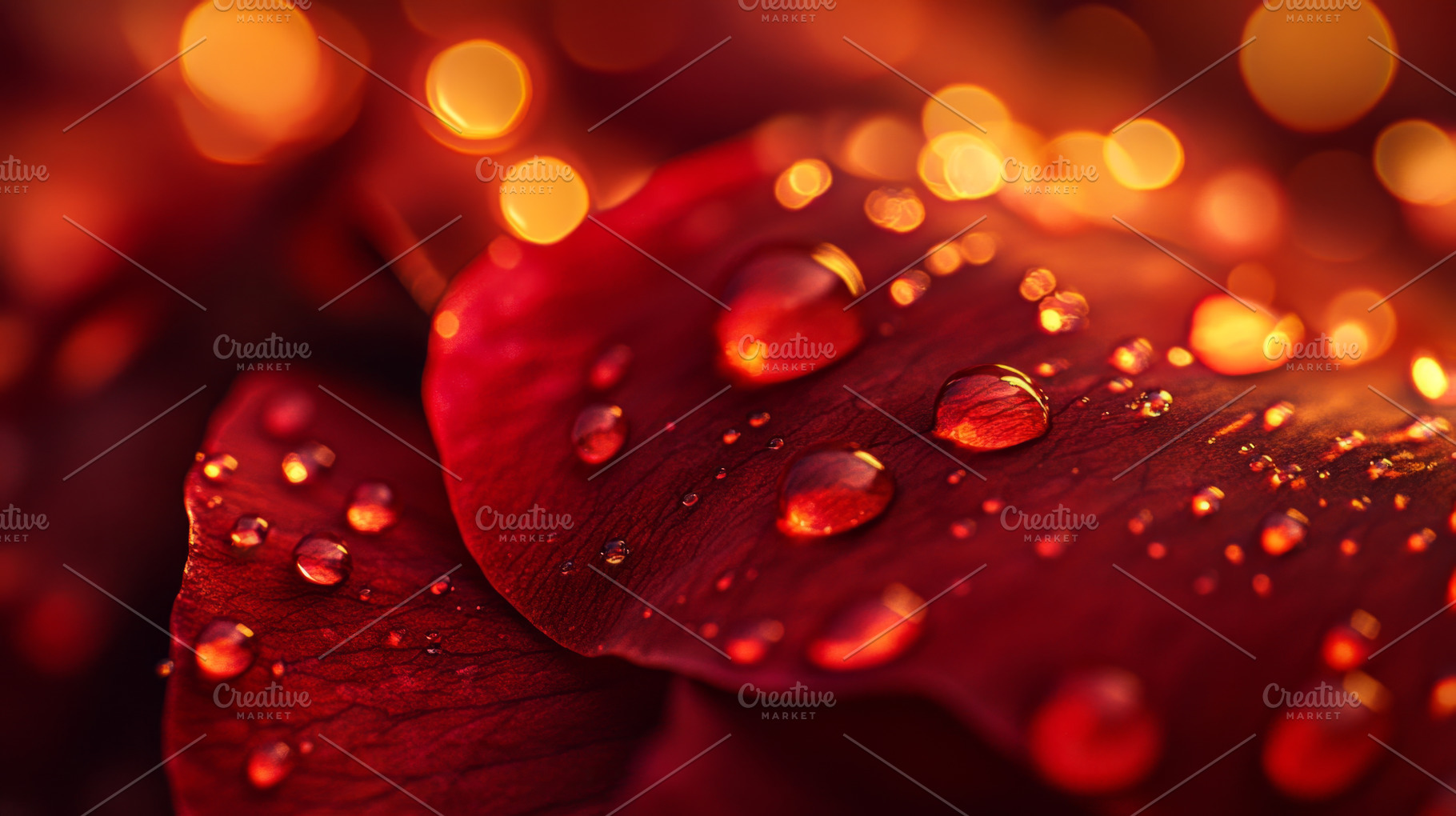 Red Rose Petals with Water Droplets and Bokeh Lights, an Abstract Photo by Natalia Klenova's Shop