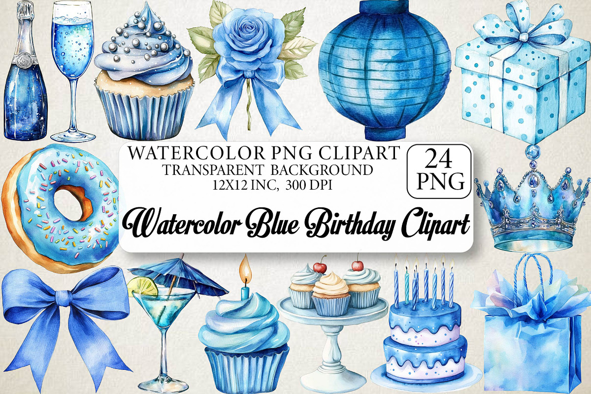 Watercolor Blue Birthday Clipart Bun, an Illustration by DreamPrint404 (Photo 1 of 5)
