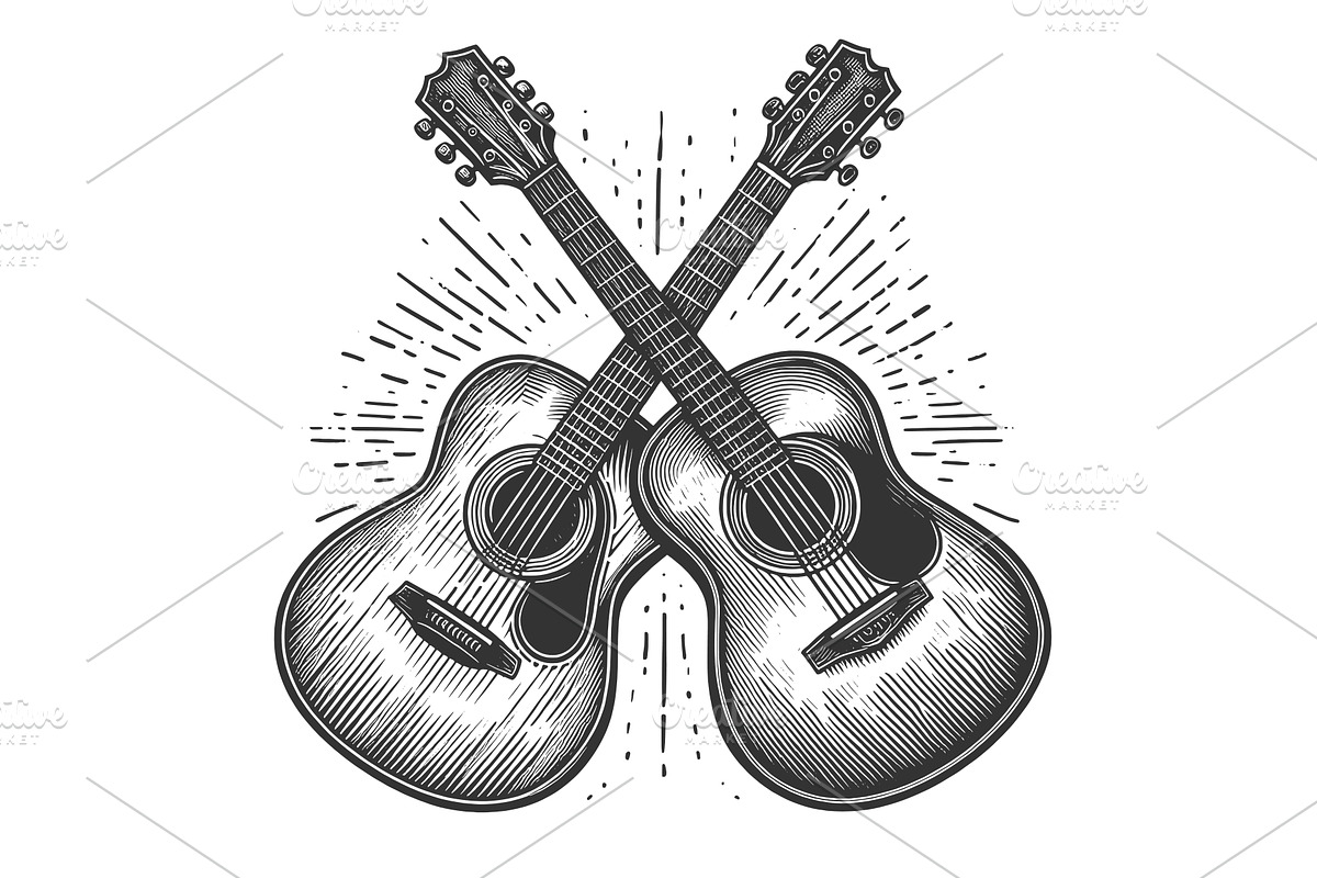 Crossed Acoustic Guitars engraving, an Illustration by AlexArt
