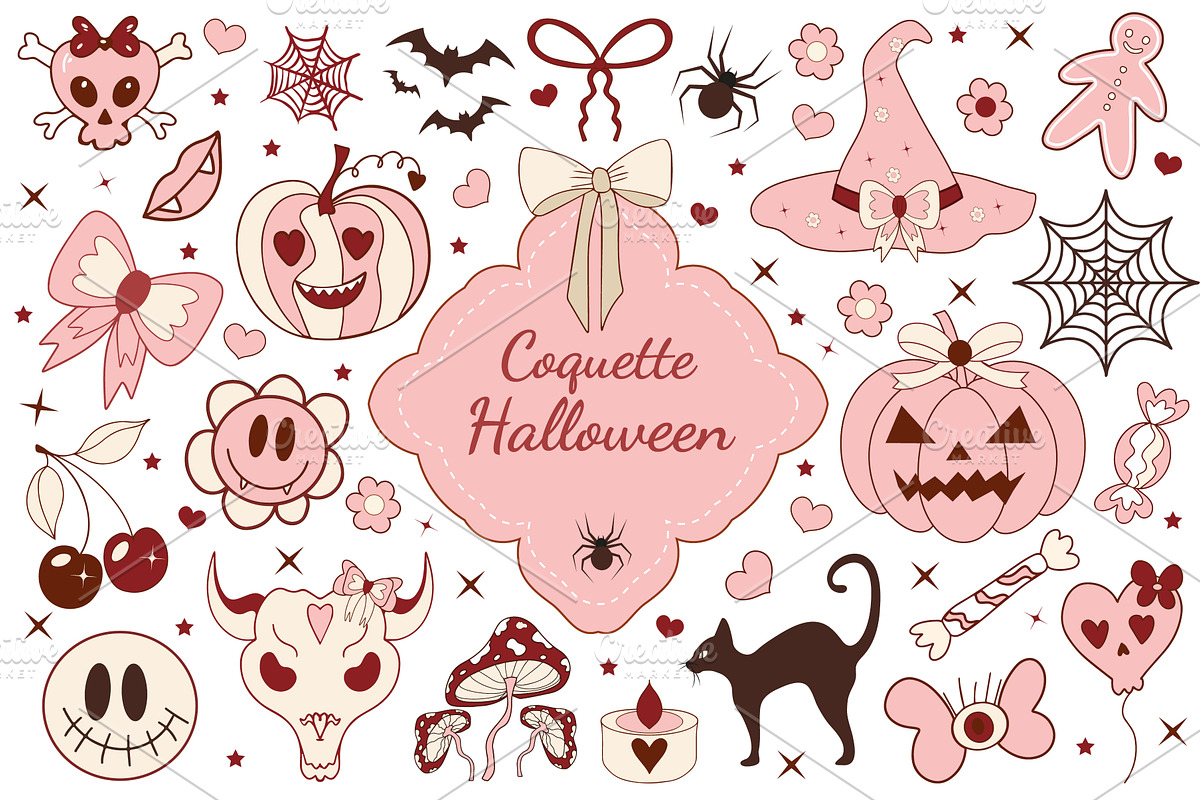 Pink girly coquette halloween set, an Illustration by Lucia Fox