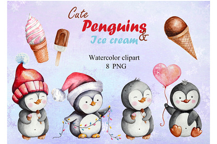 Penguins with ice cream. Clipart