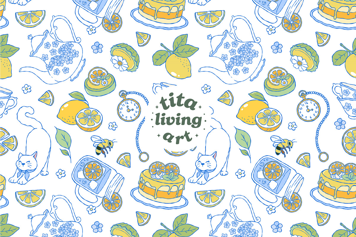 Lemon Tea Time Seamless Pattern, a Food Illustration by TitaLivingArt (Photo 2 of 10)