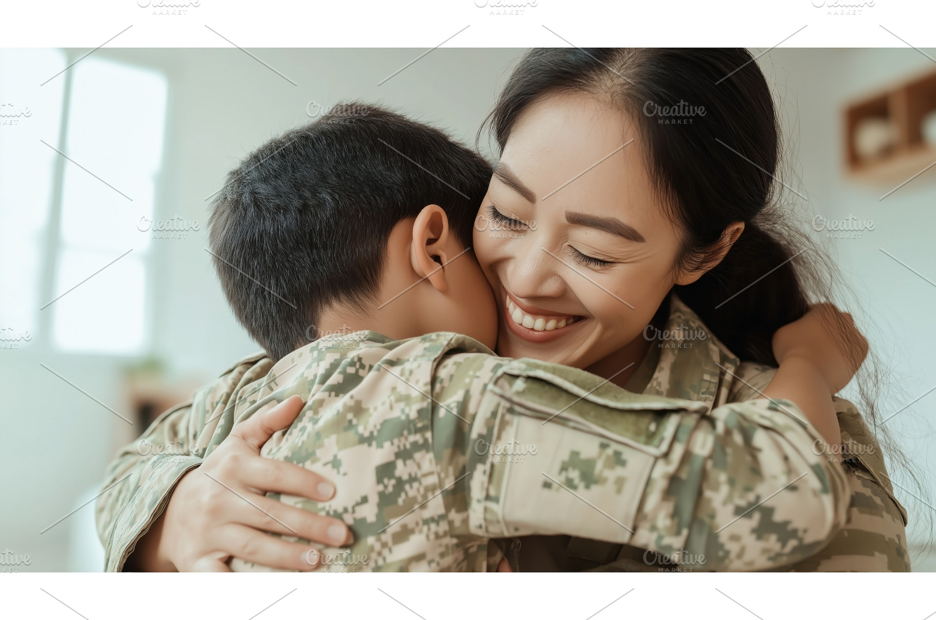 Asian female soldier warmly embraces, a Person Photo by Sergey Kotenev
