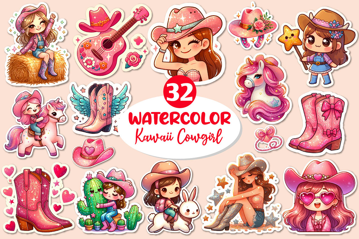 Kawaii Cowgirl Clipart Bundle, an Illustration by Dream Creation (Photo 1 of 5)