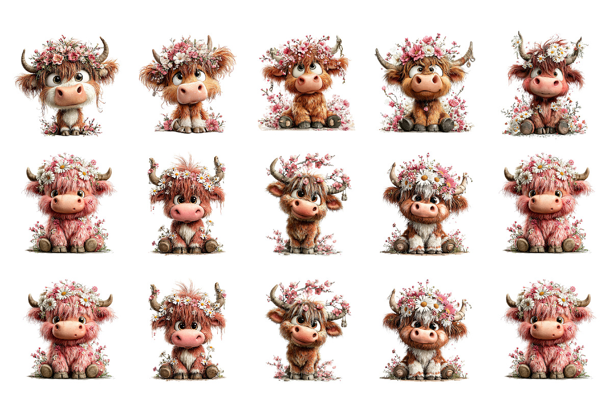 Highland Cow Floral Clipart, an Illustration by GatewayDesign (Photo 2 of 3)