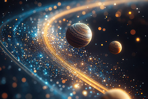 Planets in a glowing cosmic trail sp, an Abstract Photo by Pixeness Studio