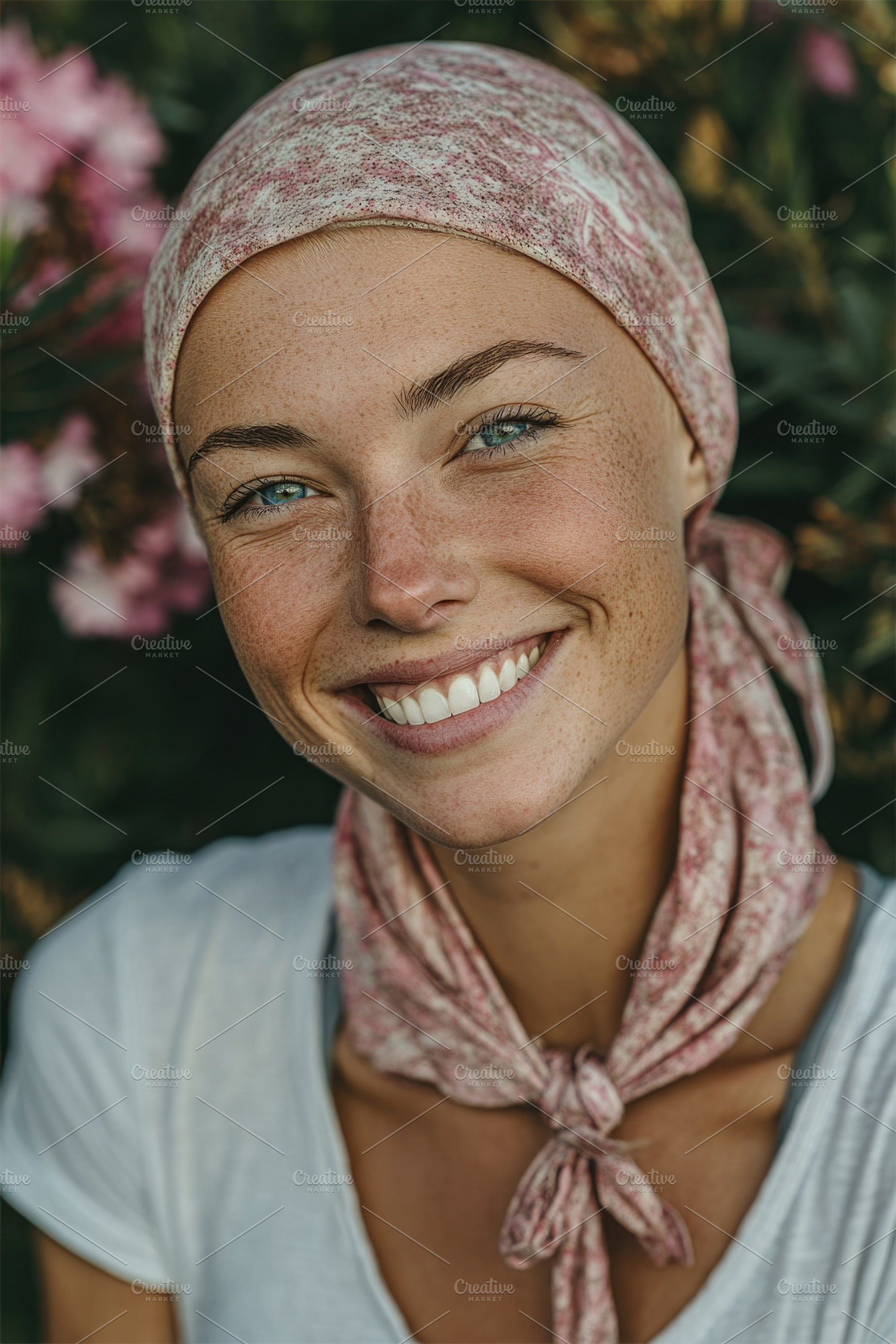 Smiling young woman with pink headscarf in garden, a Person Photo by José Manuel Gelpi
