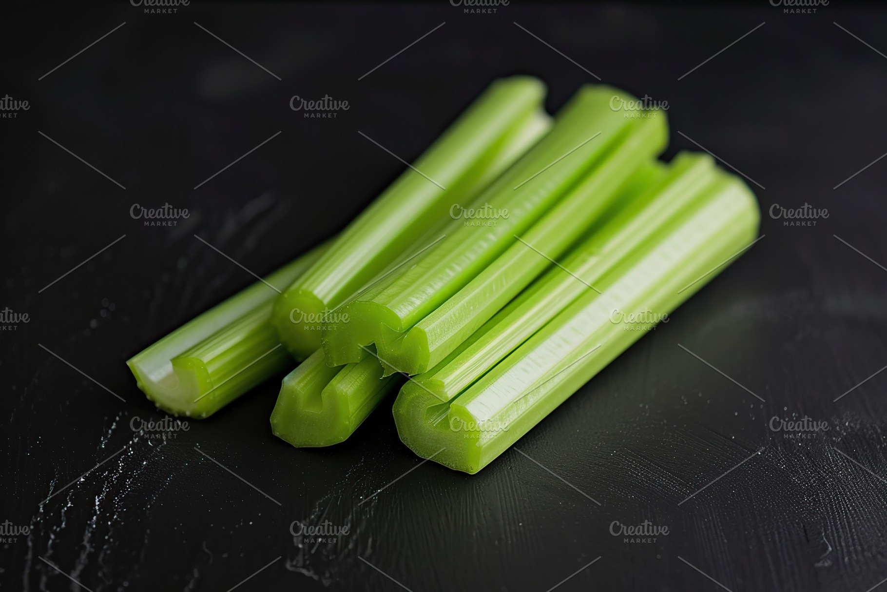 Green fresh celery sticks on black background, a Food & Drink Photo by AlyaAnd