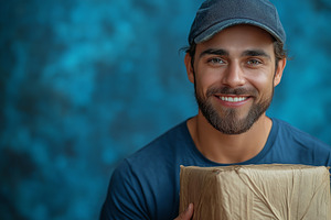 Smiling young man with a beard and cap holding a package against a blue backgro, a Person Photo by ImageMir