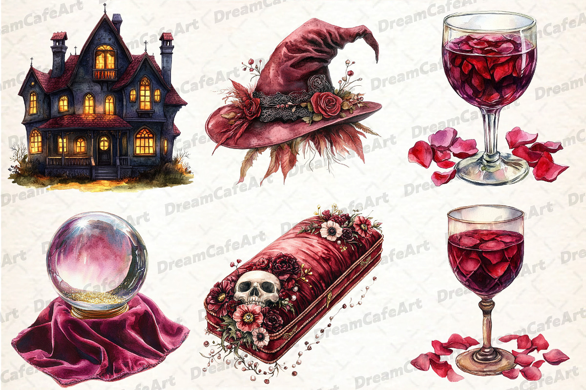Watercolor Burgundy Halloween Clipar, an Illustration by DreamCafeArt (Photo 4 of 7)