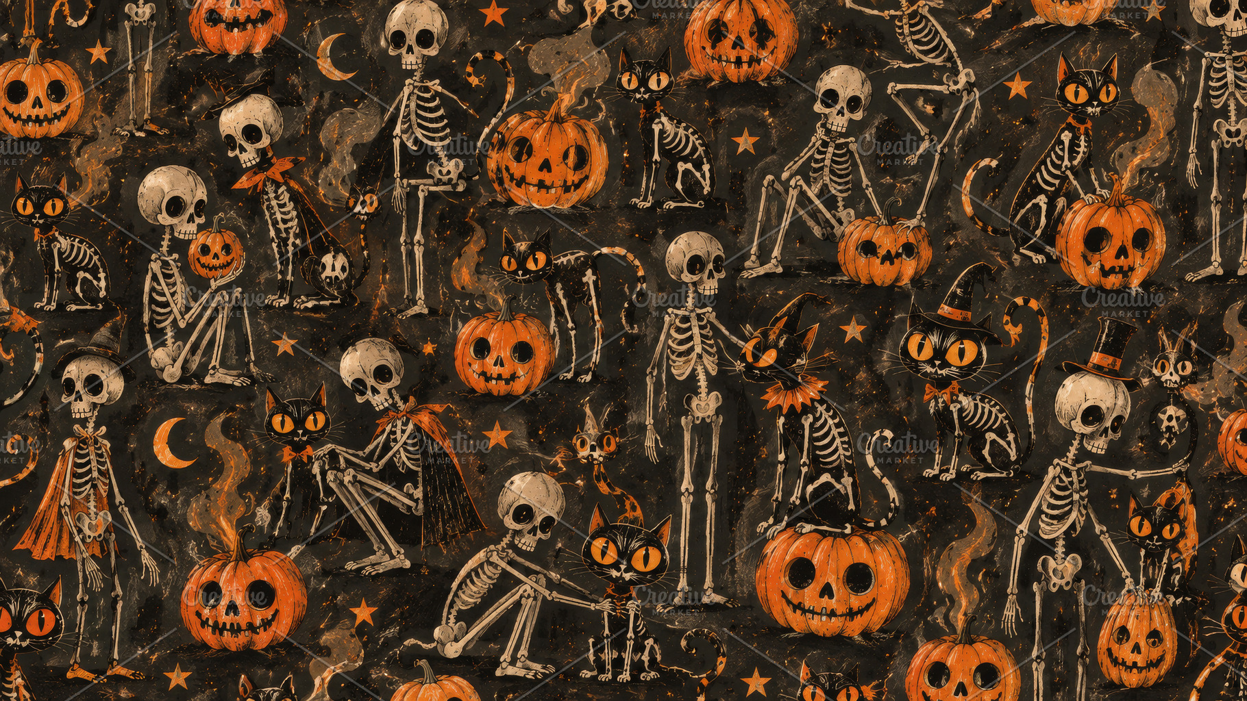 Dark vintage Halloween pattern with human and cat skeletons, ora, an Arts & Entertainment Photo by Imaginarium