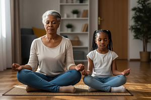 Mother and Daughter Practicing Mindful Meditation Together, a Person Photo by Davizro's Market