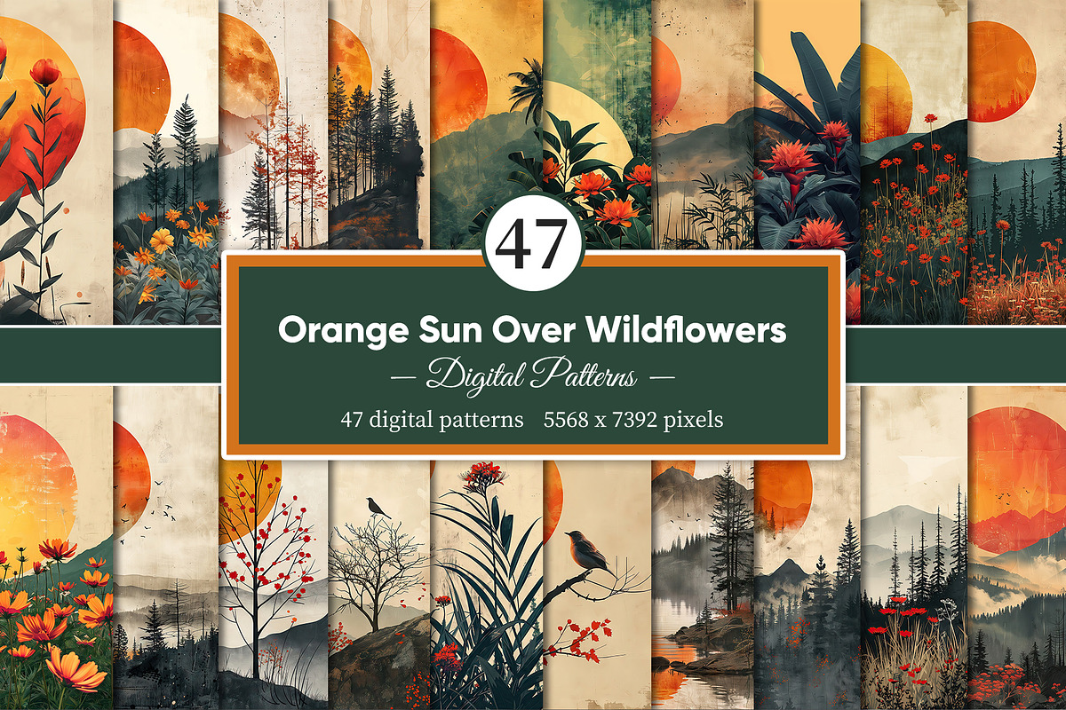 Orange Sun Over Wildflowers, a Decorative Illustration by Housui Patterns (Photo 1 of 8)