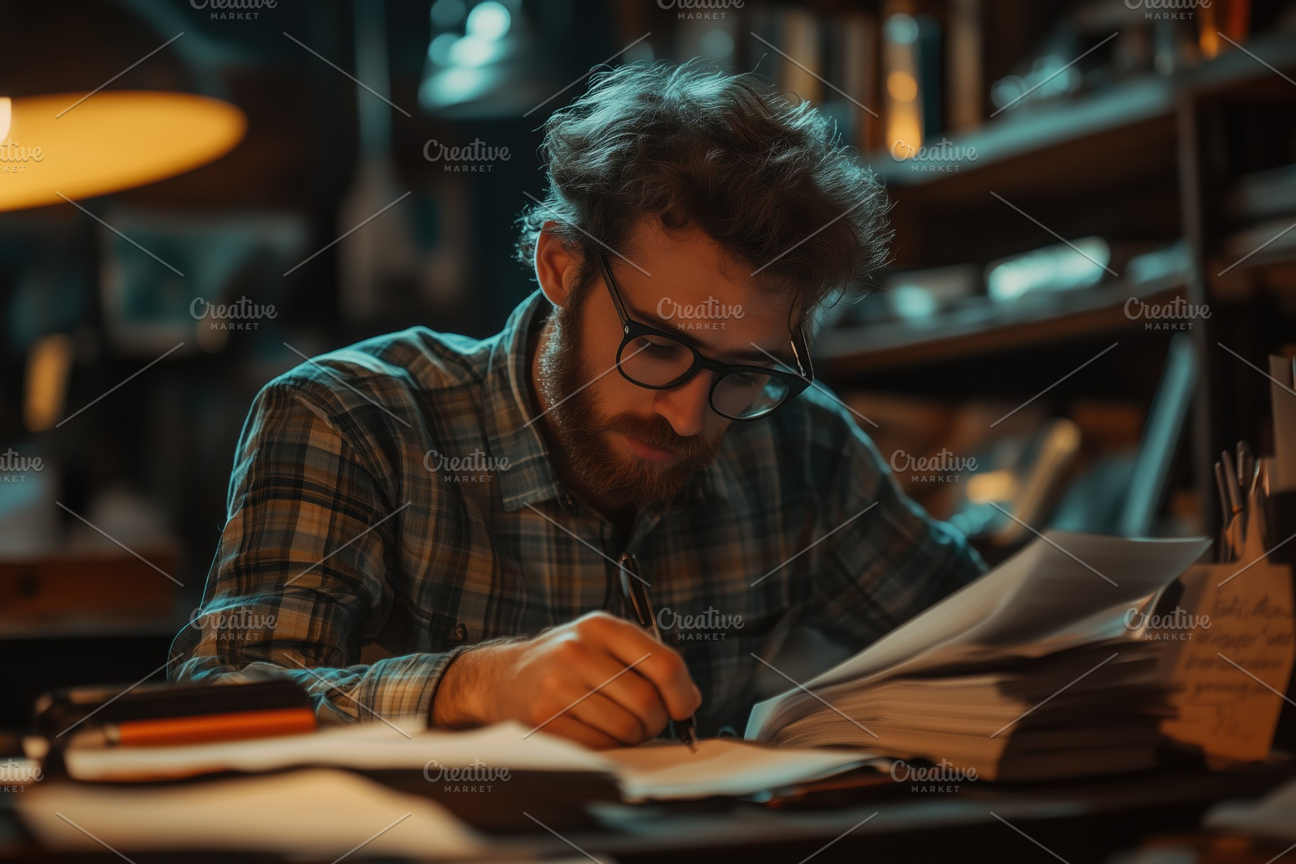 A young accountant man with glasses and a beard is focused on writing notes at, a Person Photo by Textures & Backgrounds