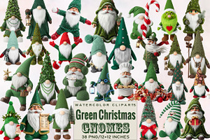 Watercolor Green Christmas Gnomes, an Illustration by SVGArt