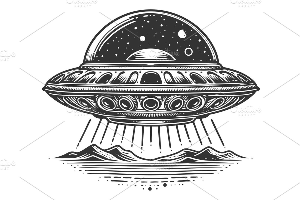 UFO Beaming Light Over Mountain, a Technology Illustration by AlexArt