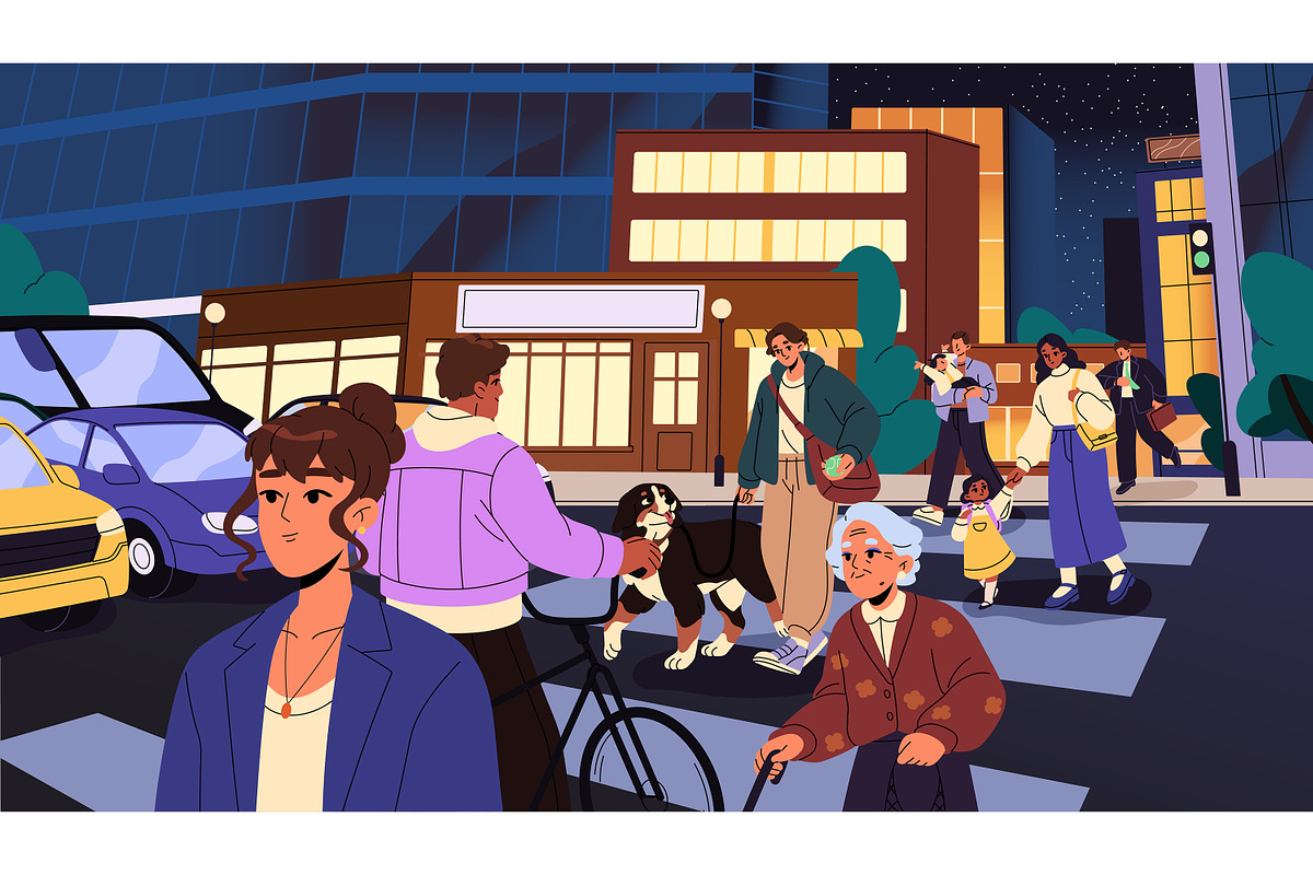 People walk on city street crosswalk, a Person Illustration by PaperTrident (Photo 2 of 3)