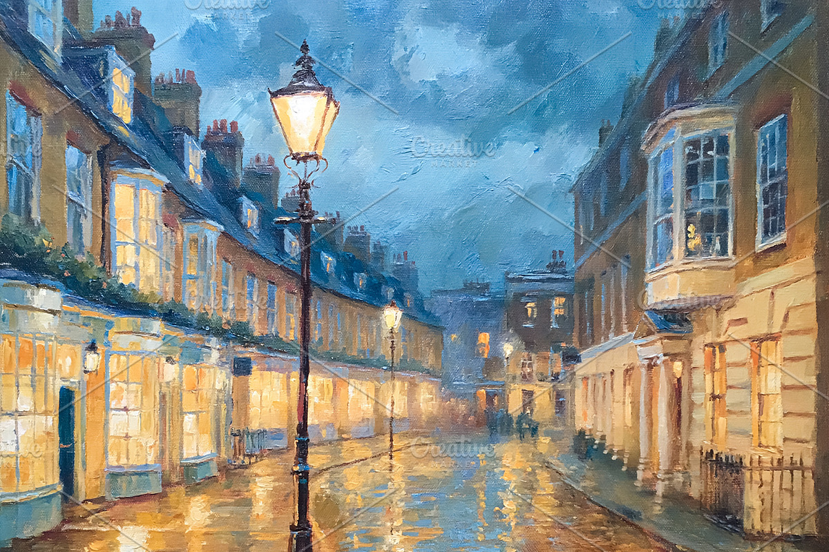 Old street with glowing lamplight reflecting on a wet sidewalk d, an Illustration by Studio ANNA (Photo 2 of 2)