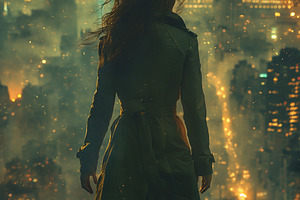 A female figure gazes over a vibrant, illuminated city skyline, shrouded in a m, a Person Photo by ImageMir