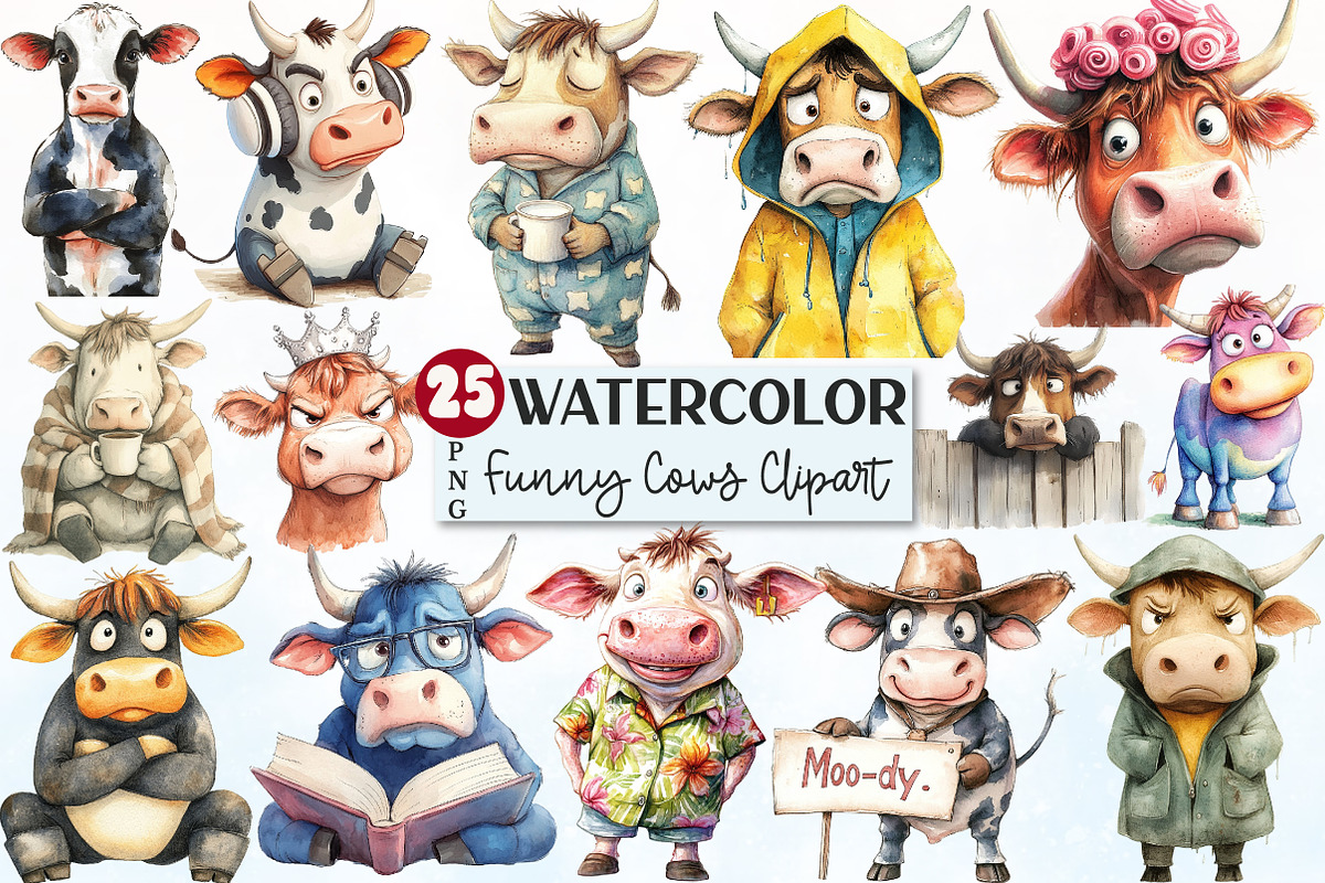 Funny Grumpy Cow Clipart Bundle, an Illustration by Rose Art (Photo 1 of 4)