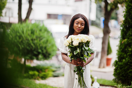 Beautiful african american girl hold featuring women, bouquet, and roses, a Beauty & Fashion Photo by AS photostudio