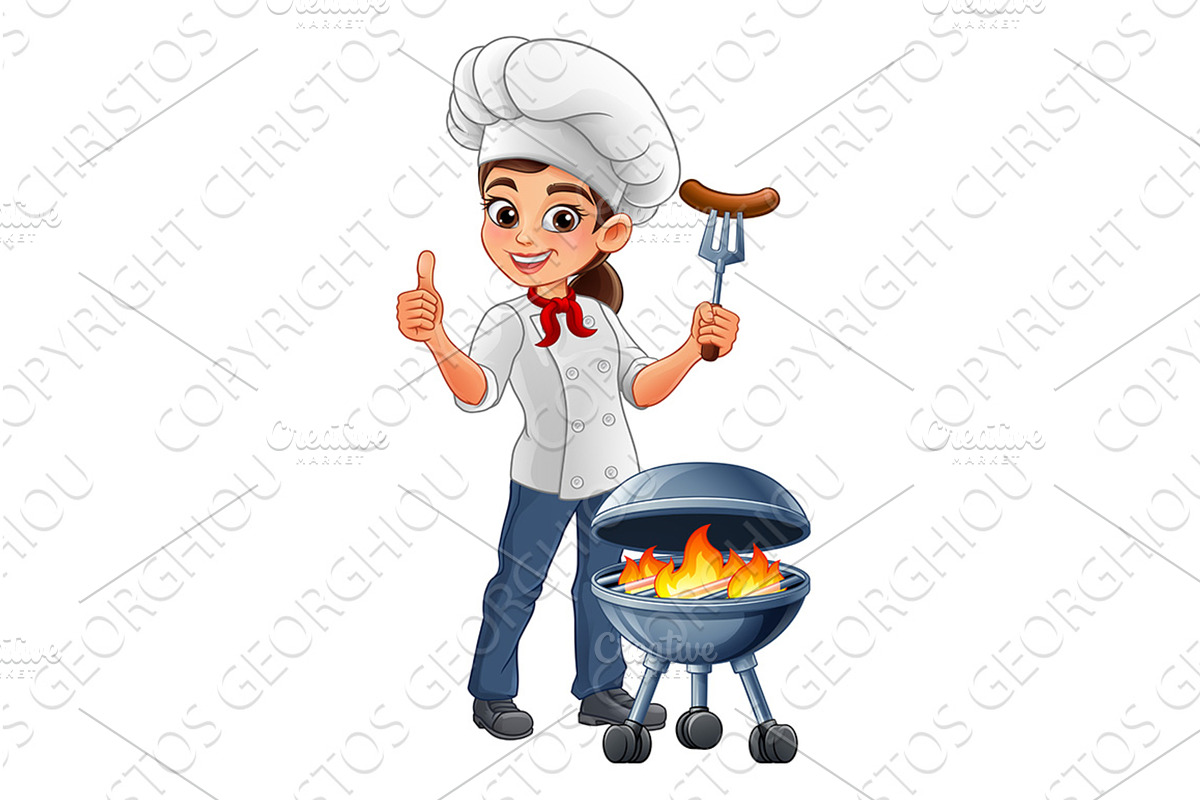 Cartoon Woman Female Chef Grilling, a Food Illustration by Christos Georghiou
