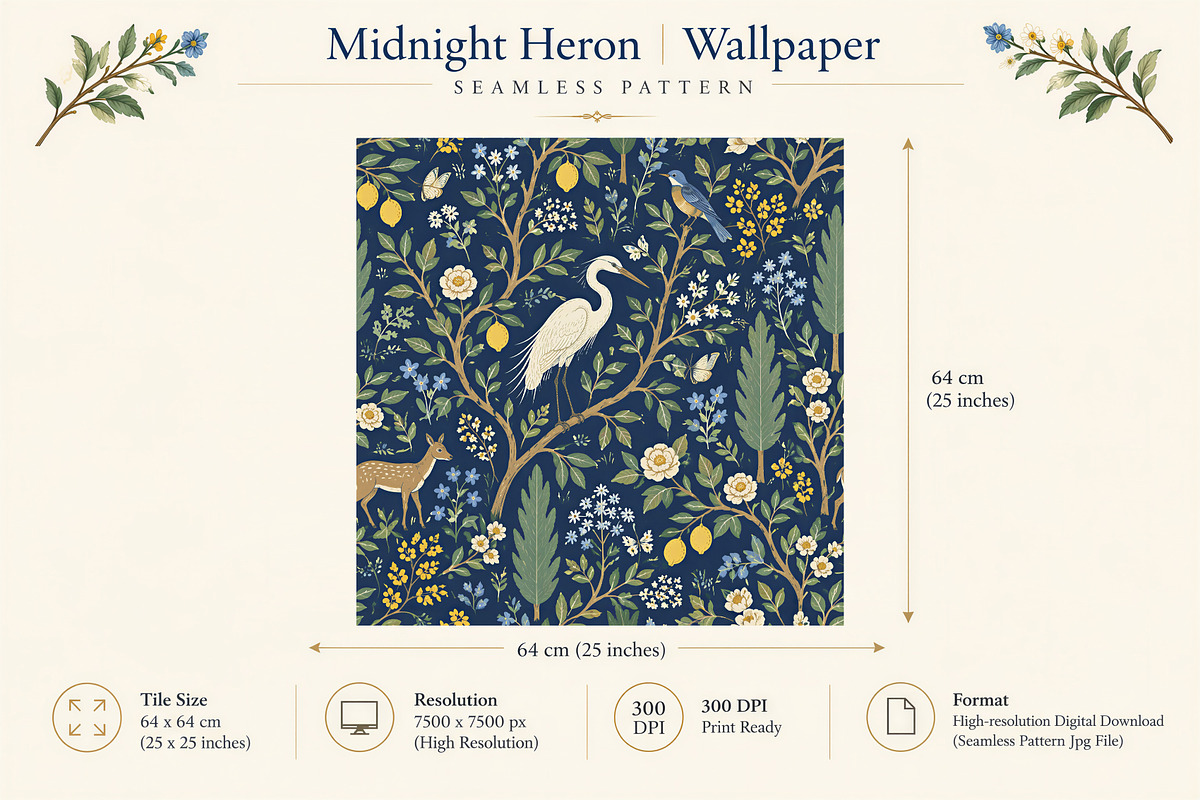 Midnight Heron | Botanical Wallpaper, a Wallpaper Graphic by by creative paper (Photo 2 of 15)