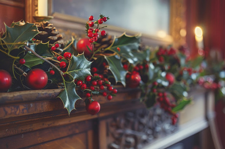 A mantle decorated with green holly, a Photo by Iftikhar Alam