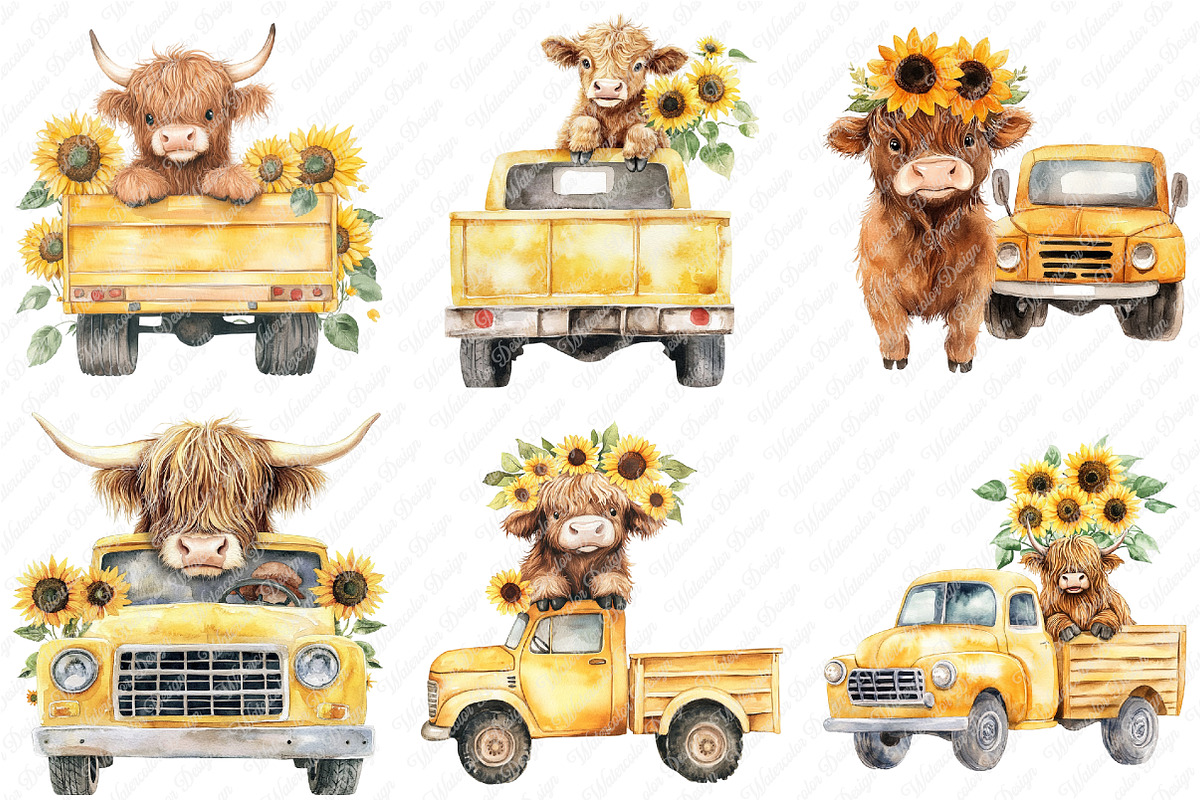 Sunflower Highland Cow Truck Clipart, an Illustration by Watercolor design (Photo 3 of 12)