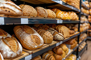 Freshly different baked bread on shelves in bakery shop, a Food & Drink Photo by AlyaAnd