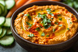 Creamy hummus topped with olive oil, a Food & Drink Photo by MistyDay