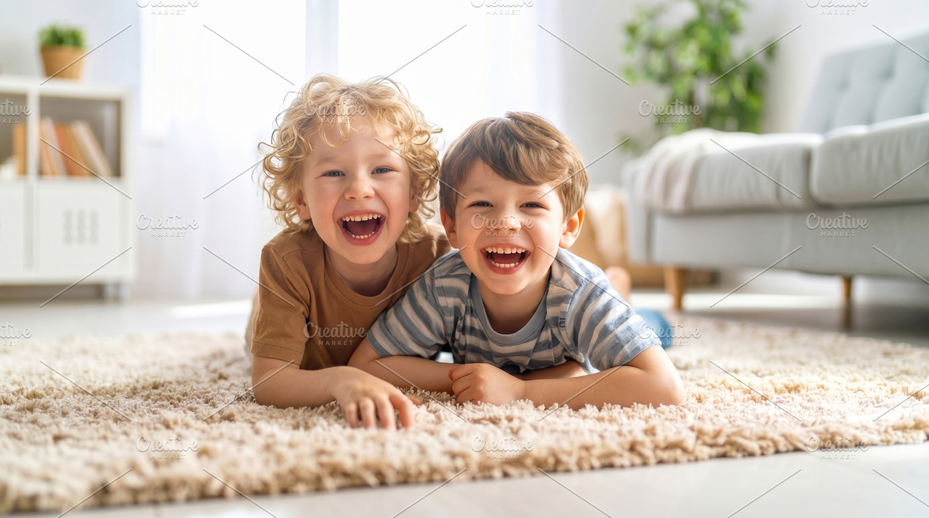Happy Children Laughing on Living Room Carpet, a Photo by Davizro's Market
