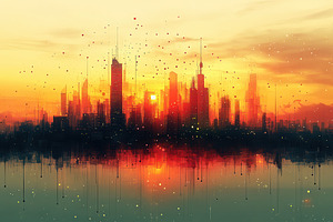Vibrant sunset over a futuristic cit, a Photo by Tanuart