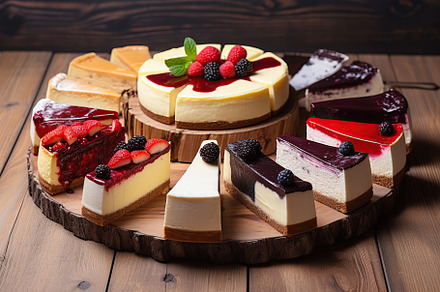 Different pieces of cheesecake with fresh berries on wooden table, a Food & Drink Photo by AlyaAnd