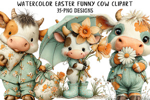 Watercolor Easter Funny Cow Clipart, an Illustration by Daily.Designs