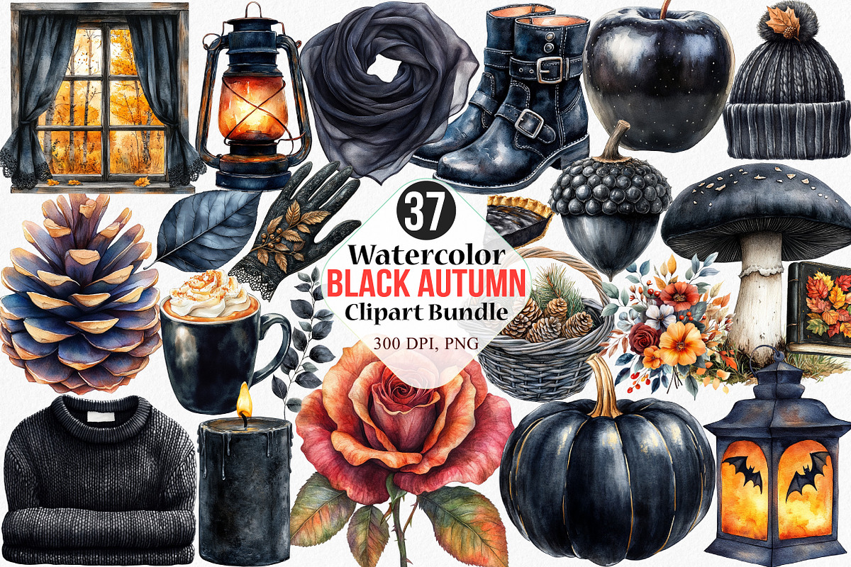 Watercolor Black Autumn Clipart, an Illustration by Canvas Craft (Photo 1 of 7)