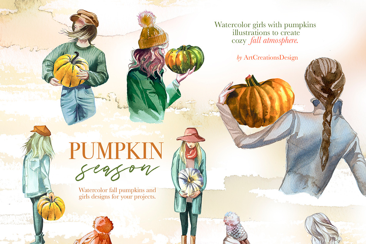 Watercolor Pumpkin Season Clipart, a Seasonal Illustration by ArtCreationsDesign (Photo 6 of 22)