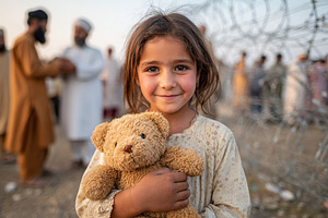 Young girl holds teddy bear in front of barbed wire at a donation event in a re, a Photo by AlyaAnd