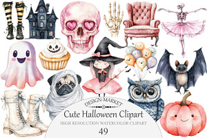 Watercolor Cute Halloween Clipart, an Illustration by Design Market