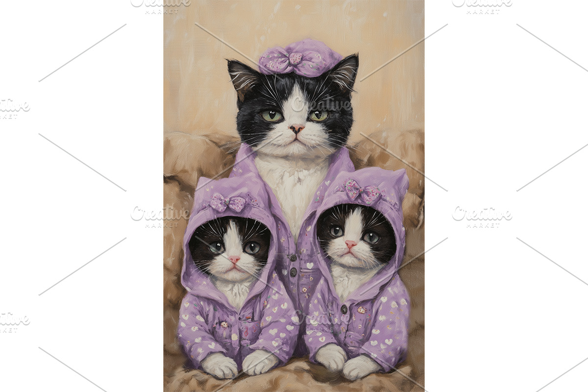 Texudo Cats in Purple Hoodie Art, an Animal Illustration by Art Paradise Studios