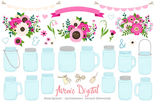 Hot Pink Wedding Mason Jar Cliparts