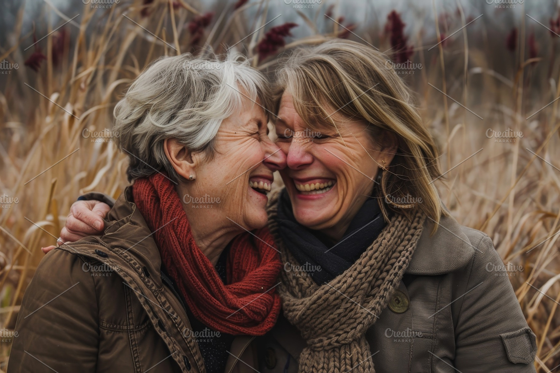 Two women laugh together, embracing, a Photo by Tanuart