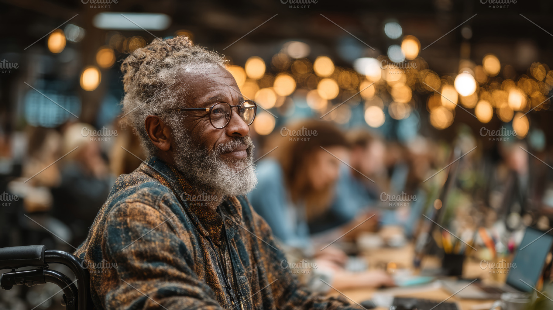 Smiling senior man working in a busy creative collaborative office environment, a Business Photo by AS photostudio